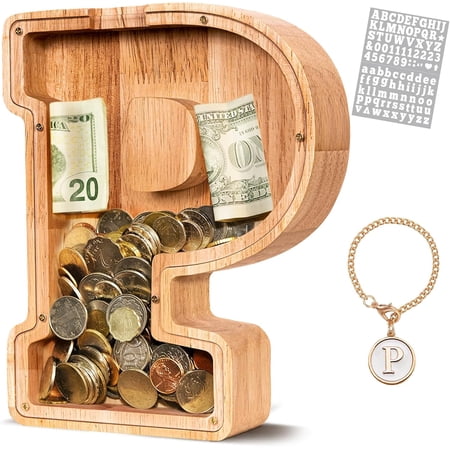 Wooden Letter Piggy Bank, Personalized Initial Piggy Bank for Kids Boys, Clear Alphabet P Wood Money Box, Unbreakable Coin Saving Jar, Birthday, for Children