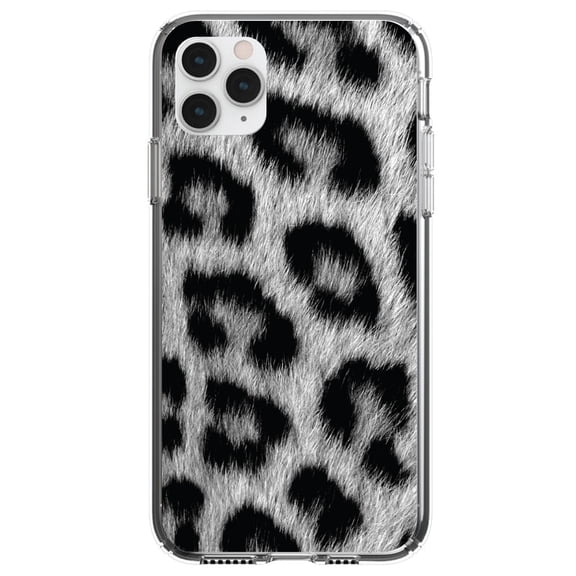 DistinctInk Clear Shockproof Hybrid Case for iPhone 13 Pro MAX (6.7" Screen) - TPU Bumper, Acrylic Back, Tempered Glass Screen Protector - Black White Snow Leopard Fur Print
