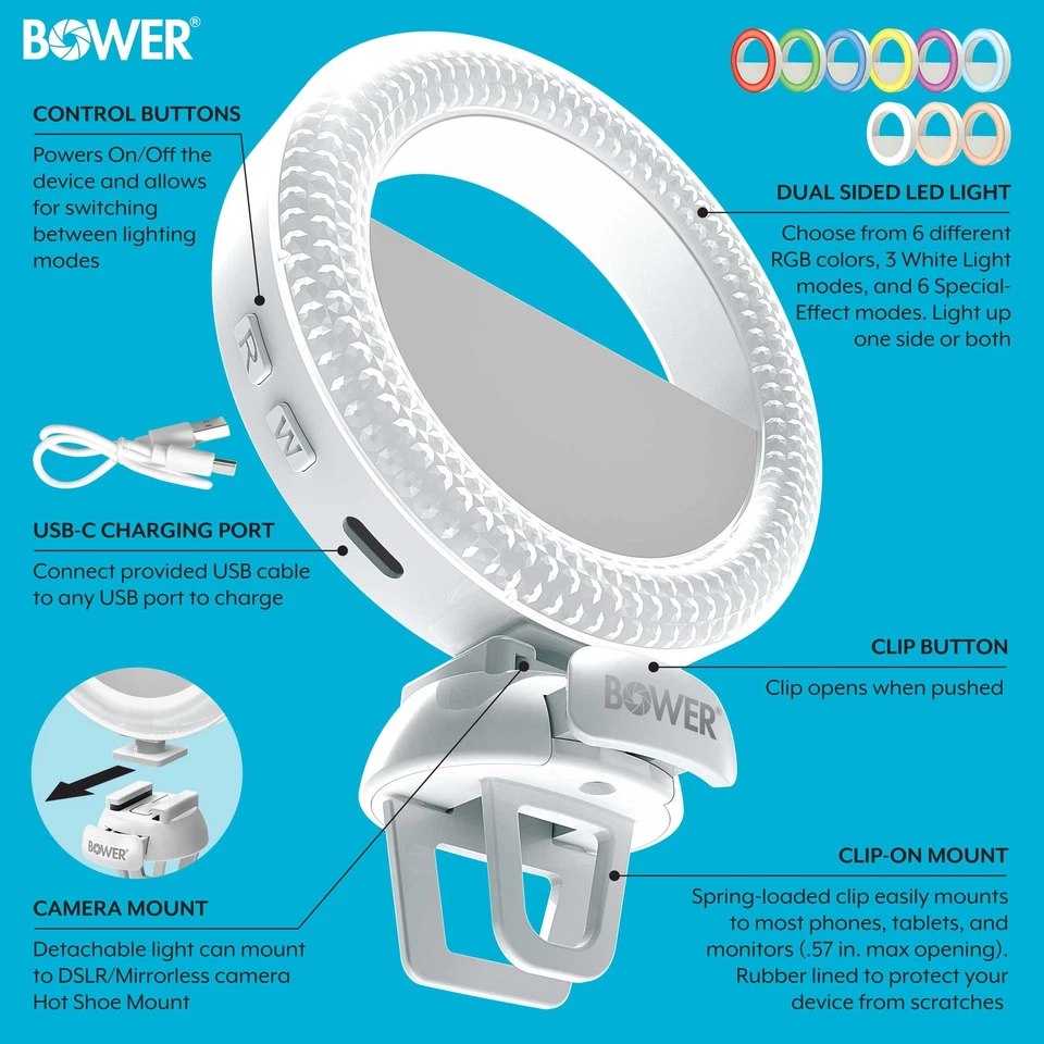 Dual-Sided Led Light With Camera Mount - Rgb Colors, White Modes,4 Inches