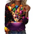 thumbnail image 2 of Cavosen Carnival Womens Dressy Tops Long Sleeve Mardi Gras Shiny Mask Graphic Print Blouse Round Neck Party Festival Tops Loose Trendy Holiday Shirts Party Funny Tees Purple 4XL, 2 of 4