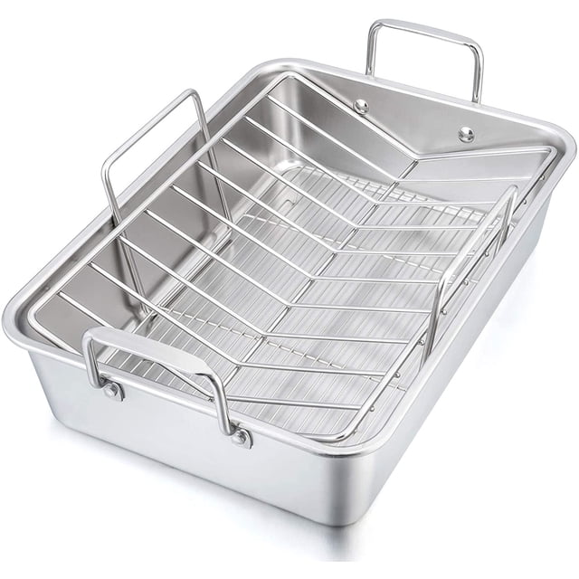 15¼" Roaster Roasting Pan with Baking Rack and V-Shaped Rack, P&P CHEF Stainless Steel Rectangular Lasagna Pan with Handles for Turkey Chicken, Heavy Duty & Healthy & Dishwasher Safe, 3 Pieces