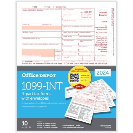 1099-INT Laser Tax Forms With Envelopes, 4-Part, 2-Up, 8-1/2" x 11", Pack Of 10 Form Sets