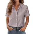 thumbnail image 7 of Solid Button Down Shirts for Women Short Sleeve Bust Pocket V Neck Collared Shirts Summer Business Casual Work Tops, Pink M, 7 of 7