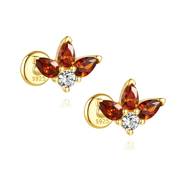 Pear Burnt Orange CZ Flat Back Earrings for Cartilage or Lobe Gold Plated Sterling Silver 1 pair by Ginger Lyne