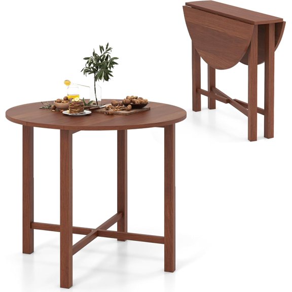 GOFLAME Round Drop Leaf Dining Table for 2-4 People, 36” Folding Kitchen Table with Solid Wood Legs, Farmhouse Extendable Table for Dining Room, Living Room, Restaurant (Round, Walnut)