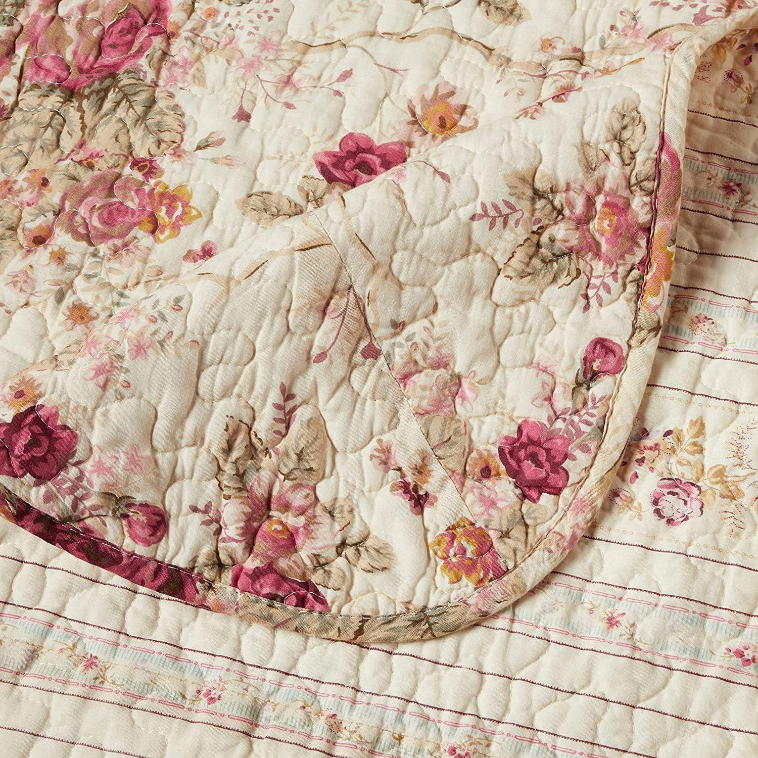 Global Trends Antique Rose Traditional Floral and Stripe 100% Cotton Throw Quilt, Reversible, 60" x 50"