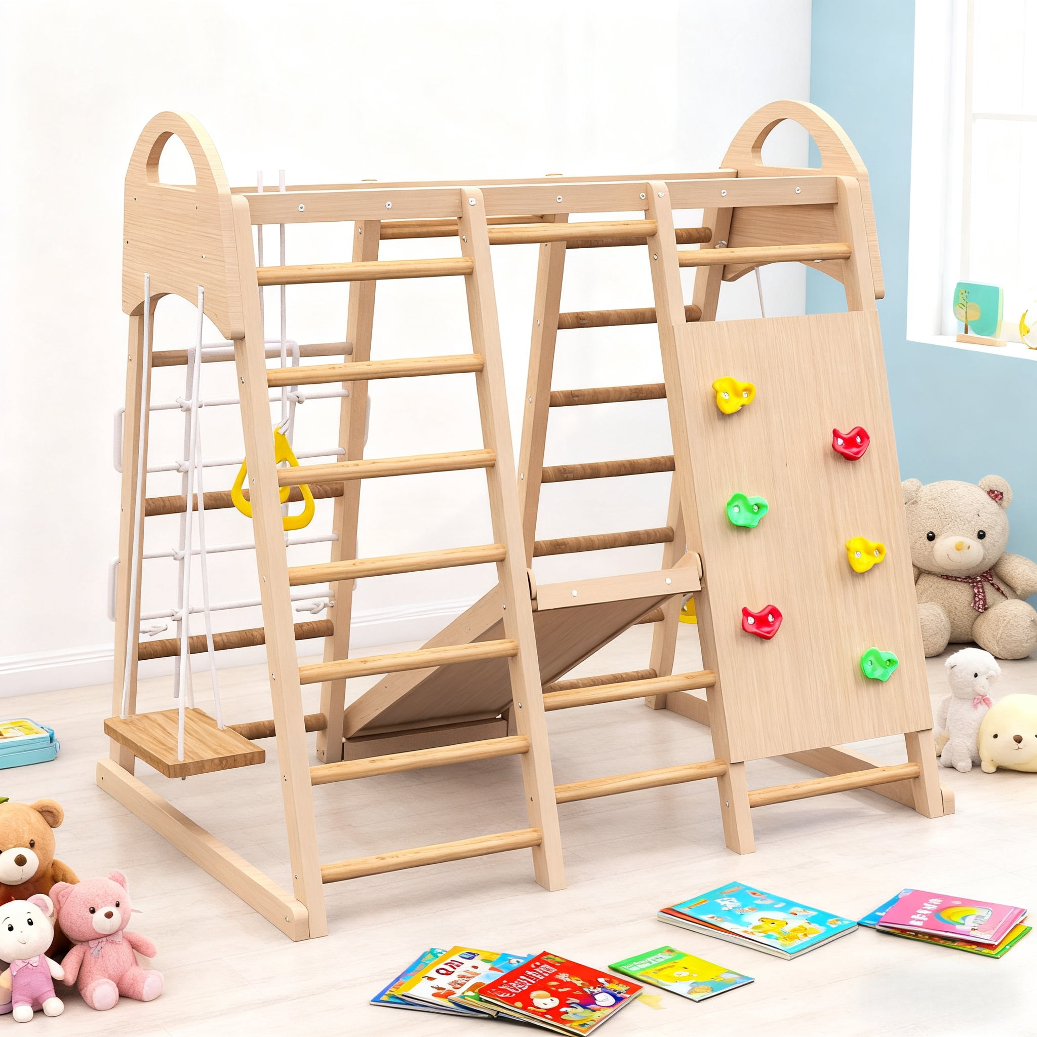 EUROCO Wooden Climbing Toys, Playground Jungle Gym for Kids and Toddlers, Climb and Slide Set with Gymnastic Rings, Rock Wall, Swing, Slide and Rope Climber