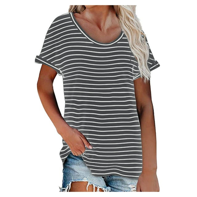 Pompotops Womens Summer Fasion Short Sleeve Round Neck Solid Color Casual T Shirt Tops