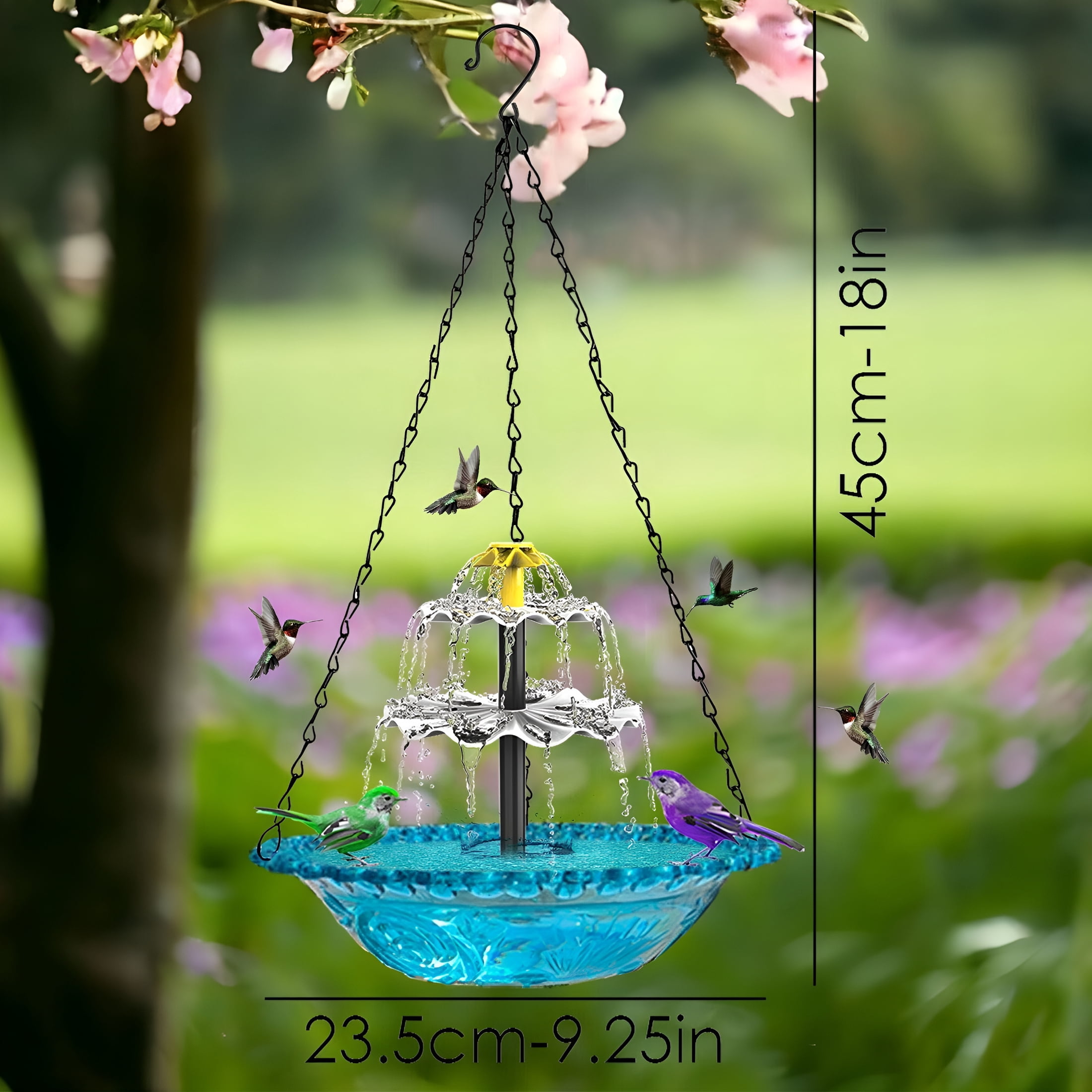 ACDANC Solar Cascade Hanging Bird Bath Fountain, Outdoor Hanging Bird Bath with Solar Pump Glass Bowl, Large Humming Birds Bath for Outdoor Garden Yard Patio Decoration, Blue