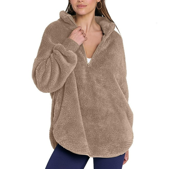 Fnooota Fleece Sweatshirt for Women, Half Zip Loose Pullover Warm Fall Winter Tops Khaki Size S-2XL