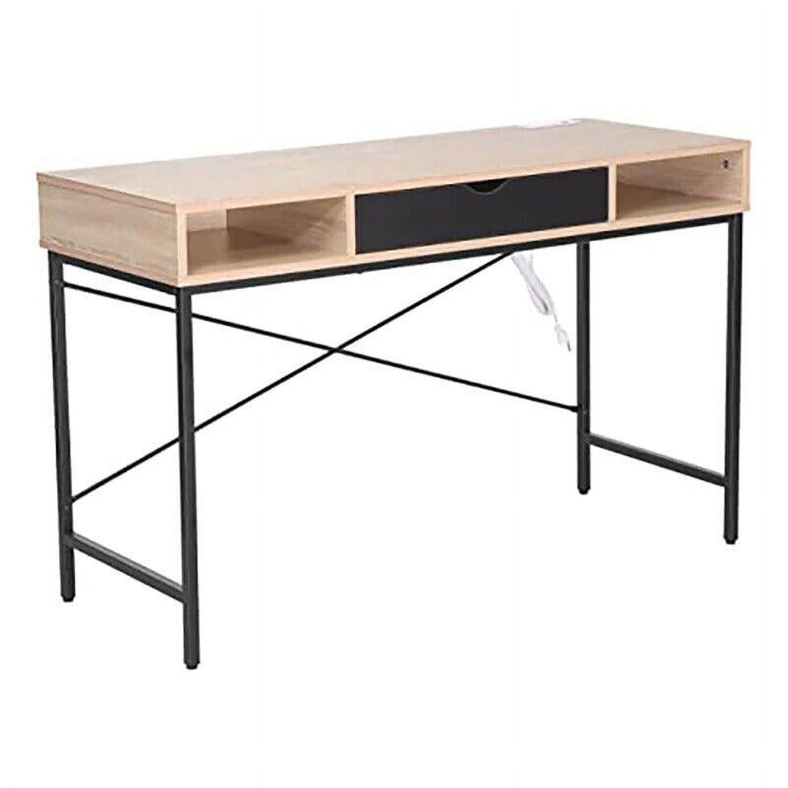 JJS 48' Writing Desk with Power Outlet, Home Office Contemporary Large Computer Desk Laptop Workstation with Drawer USB Ports Charging Station, Oak/Black