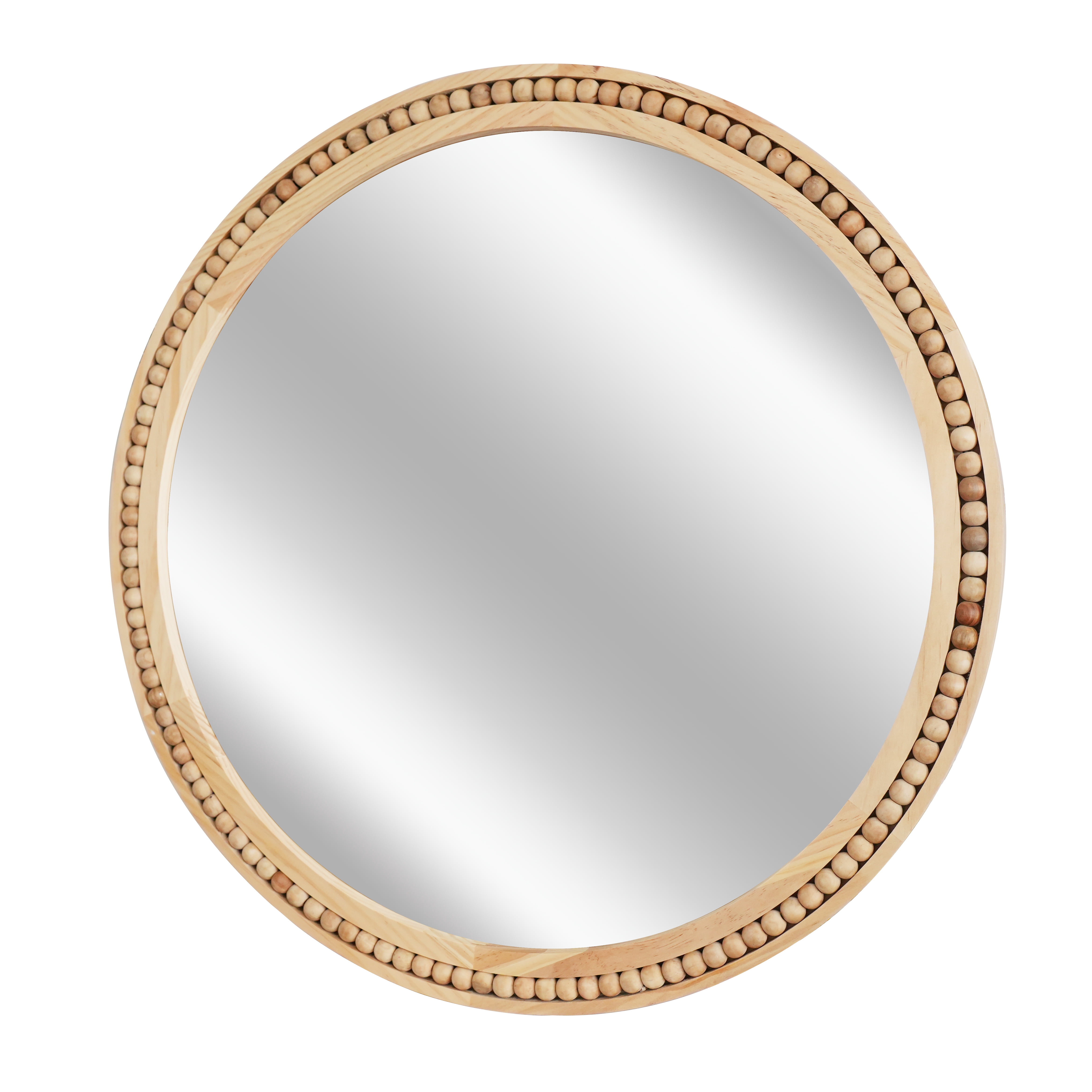 Round Wall Mirror 30 Inch, Solid Wood Framed Mirror with Beaded Trim, Rustic Farmhouse Decor Mirror for Entryway and Bathroom, Natural