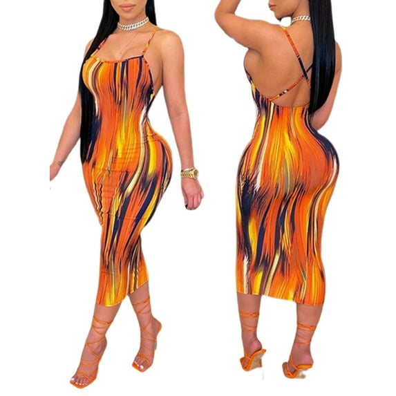 Qiylii Ladies Sexy Backless Suspender Dresses, Women Summer Temperament Plaid/Stripe/Mixed Color U-neck Sleeveless Long Slip Dress