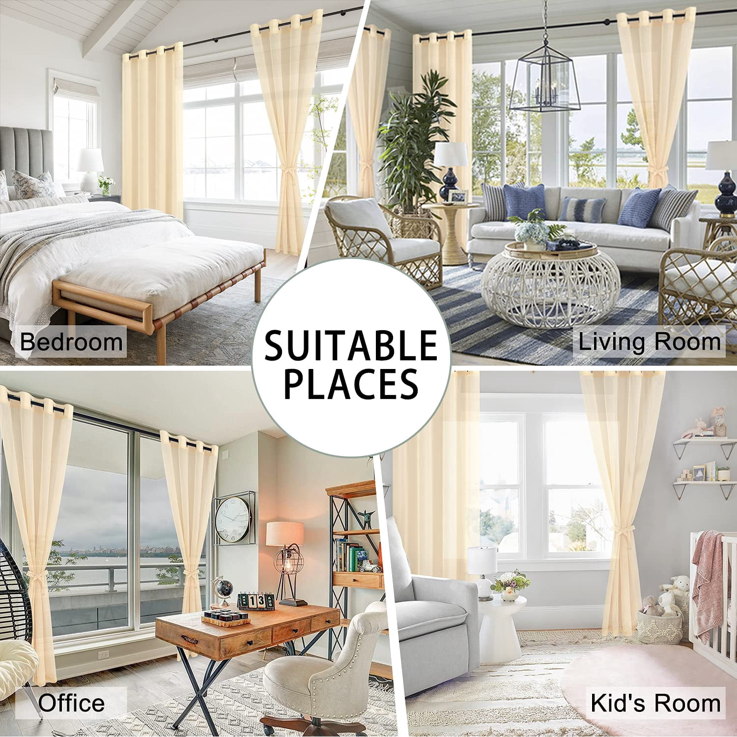 Hiasan Beige Sheer Curtains with Tiebacks-Light Filtering Contemporary Window Drapes for Living Room, Bedroom, Grommet, 52" x 84", Set of 2