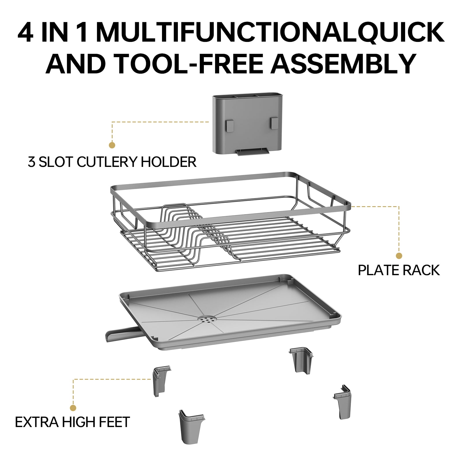 KINGRACK Dish Drying Rack, Large Dish Rack with Drainboard and Cup & Utensil Holders, Stainless Steel, Over Sink or Counter, Gray