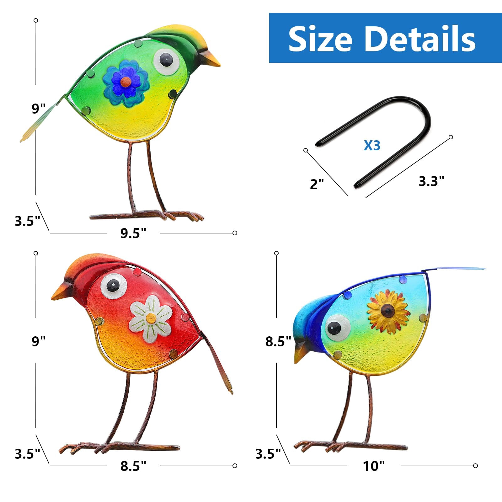Bird Garden Decor For Outside  Glass & Metal Yard Art Decorations Outdoor Patio Backyard Gift Women Grandma Mom(3 Pack)