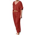 thumbnail image 2 of BLTIBY 2025 Cotton Linen 2 Piece Sets for Women Summer Solid Color Loose Short Sleeve V Neck Shirts Wide Leg Pant Matching Set Plus Size Vacation Outfits with Belt Red M, 2 of 6