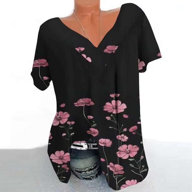 Fiudx Ofertas de La Semana Blusa Estampada de Manga Corta con Cuello En V para Mujer Blusas Tipo Jersey