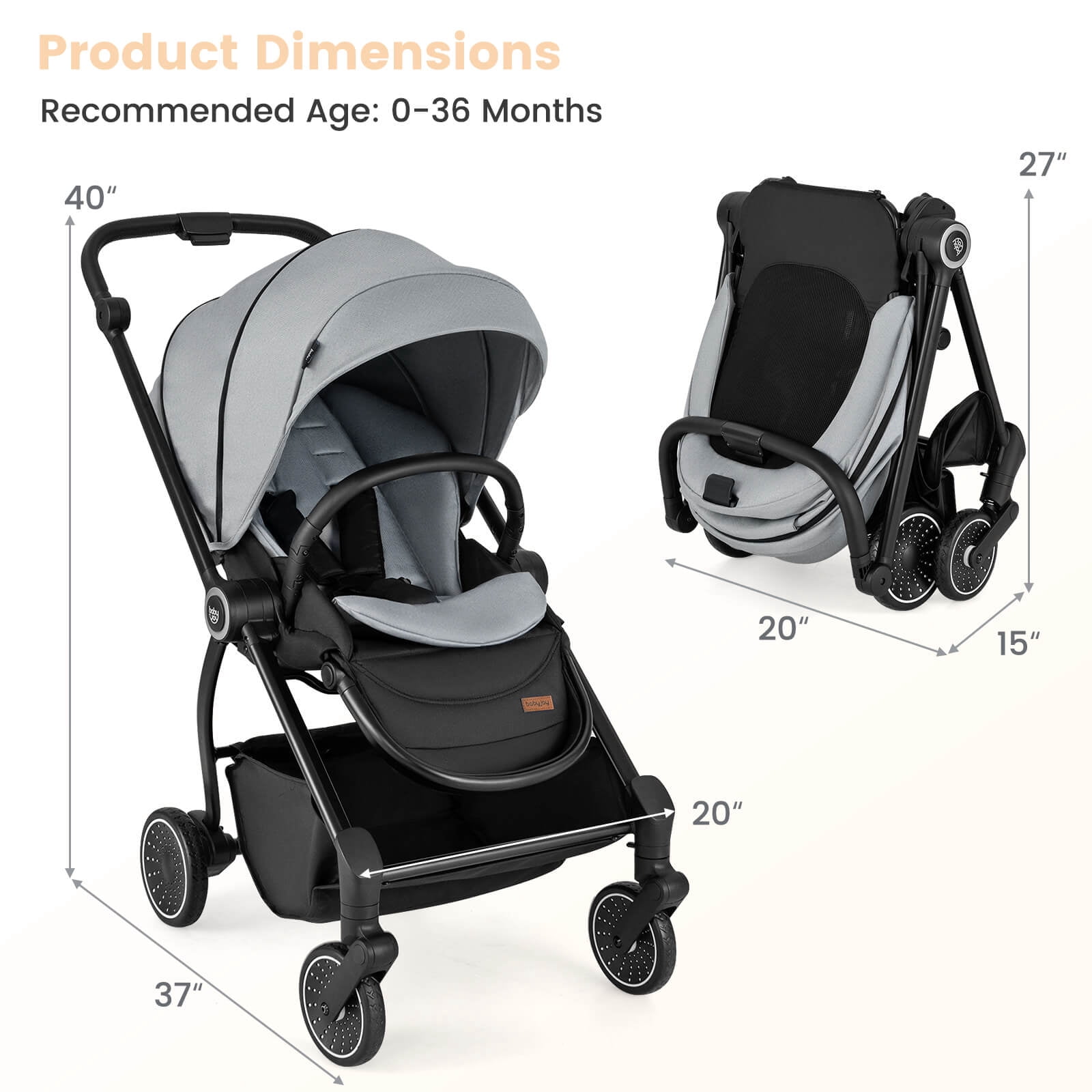 Costway Baby Stroller Foldable Infant Pram Stroller with Reclining Backrest Handle Gray