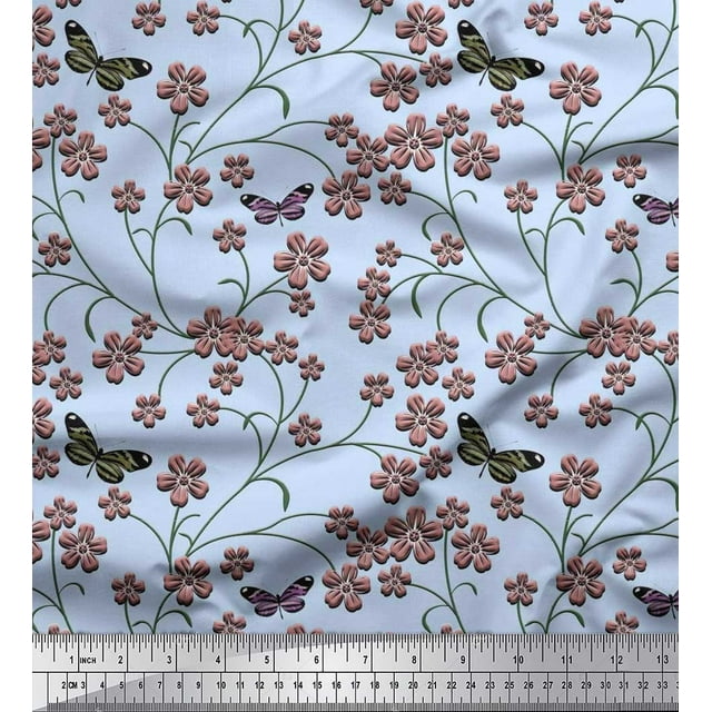 Soimoi Moss Georgette Fabric Insect,Leaves & Flower Floral Fabric Prints by Yard 42 Inch Wide