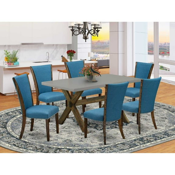 East West Furniture X796VE721-7 7Pc Dinette Sets for Small Spaces Offers a Dining Room Table and 6 Parsons Dining Chairs with Blue Color Linen Fabric, Distressed Jacobean and Cement Finish