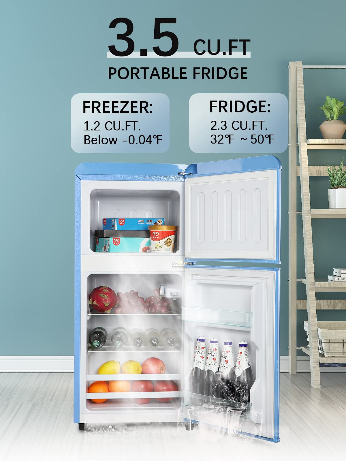 3.5 Cu.ft Compact Refrigerator, Retro Mini Fridge with Freezer, Small Drink Chiller with 2 Door Adjustable Mechanical Thermostat for Home, Office,Dorm or RV Blue