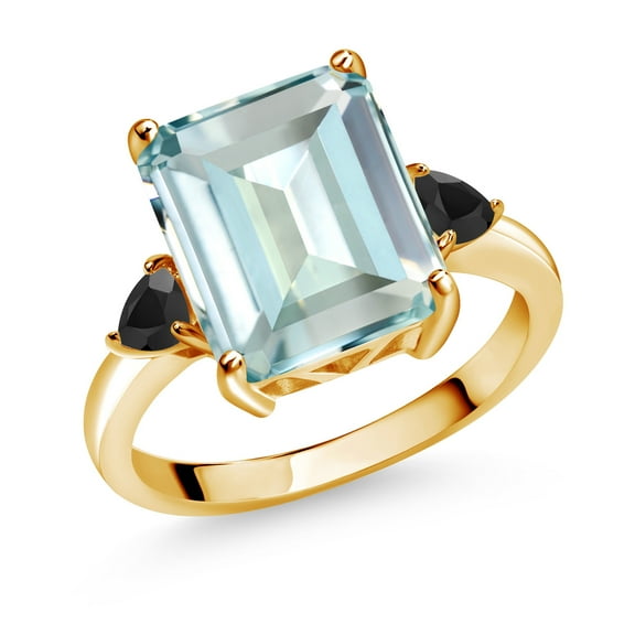 Gem Stone King 5.65 Ct Sky Blue Simulated Aquamarine Black Onyx 18K Yellow Gold Plated Silver Ring (Size 8)