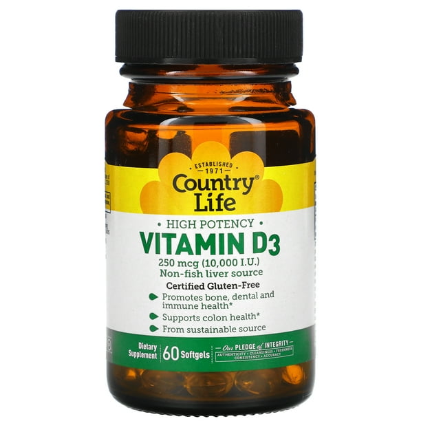 Country Life High Potency Vitamin D3, 250 mcg (10,000 IU), 60 Softgels
