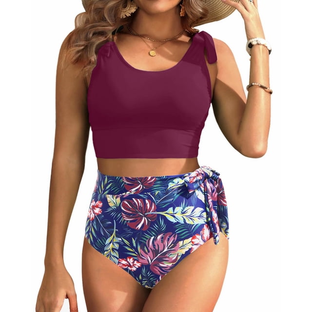 Traje de baño Yonique, 2 unidades, 2025, con forma de hoja morada, cintura alta, control de barriga