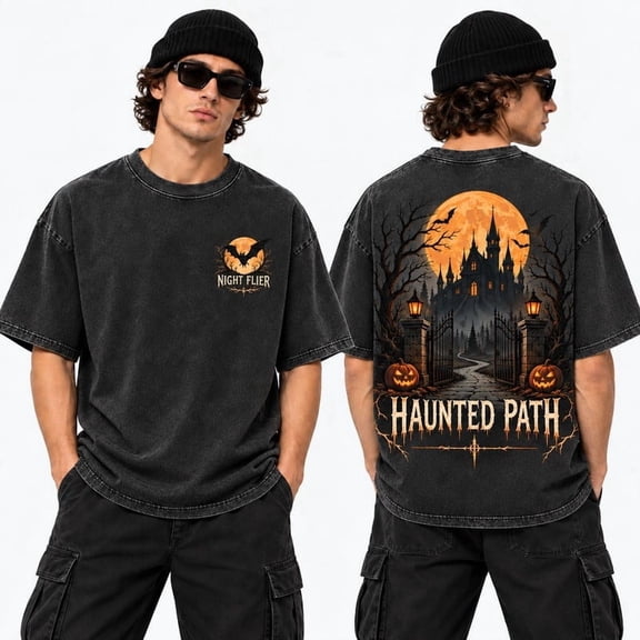 Greenink Men's Halloween Washed Haunted Castle Bat Graphic T-Shirt, 100% Cotton 230 GSM Heavyweight Oversized Tee for Trick or Treat and Costume Night