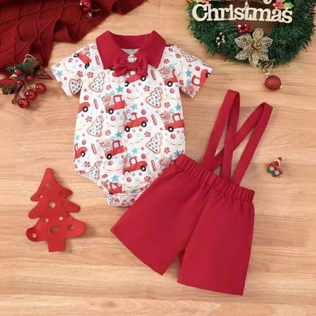 

Toddler Boys Outfit Sets Christmas Short Sleeve Cartoon Prints Romper Bodysuits Suspenders Shorts Suits