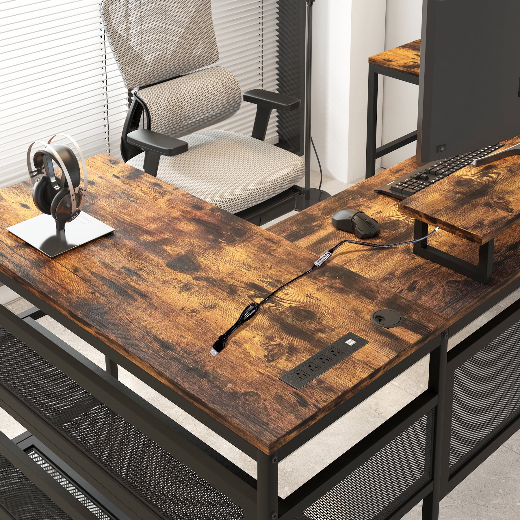 U-Shaped Computer Desk with LED Lights, 6-Color Lighting, 3 Spacious Desktops, Storage Shelves, E1 MDF Board, Gaming Office Desk for Home Study