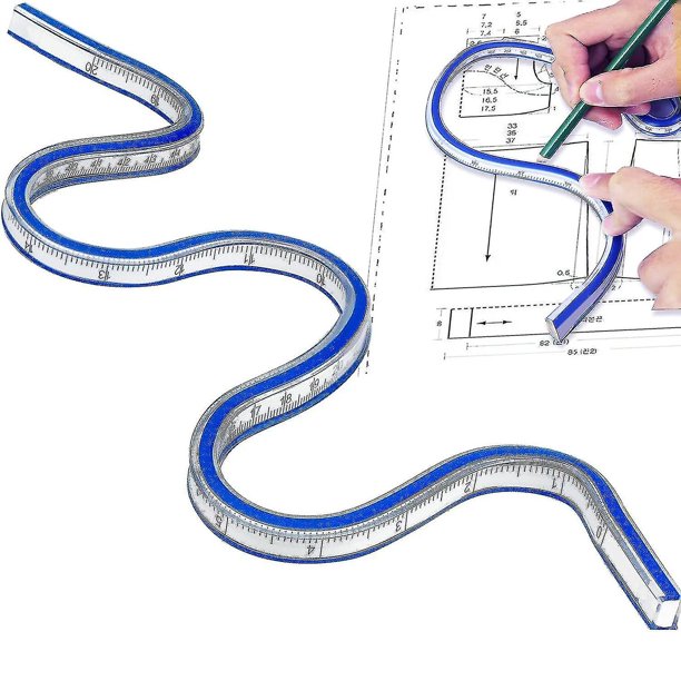 Regla flexible, regla de PVC de 50 cm, regla de curva flexible, curvas transparentes y flexibles, regla de serpiente de plástico de doble cara - Azul