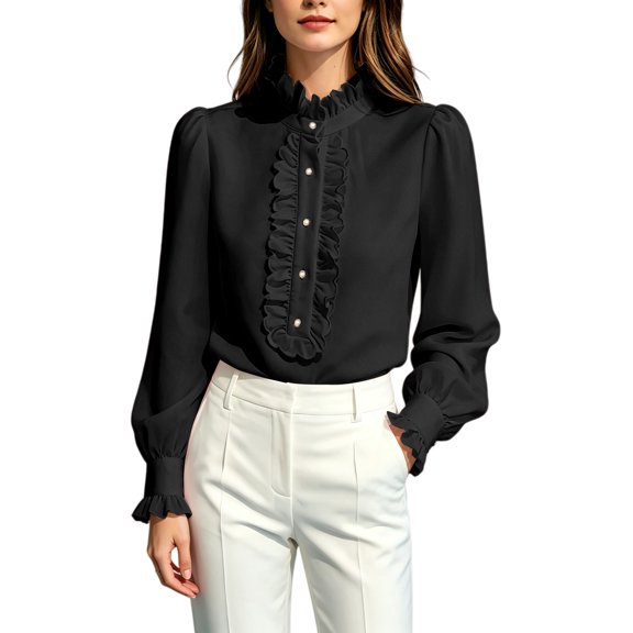 Gsakboxl Womens Summer Outfits Womens Ruffled Long Sleeve Shirt Elegant Button Down Blouse with Ruffle Trim on Neckline Chic Casual Top for Spring and Autumn L