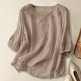 thumbnail image 2 of COMVALUE Linen Shirts For Women Retro Embroidery Summer Loose 3/4 Sleeve Tshirts Tunic Tops Casual Blouses Boho Clothes (Khaki, 3XL), 2 of 5