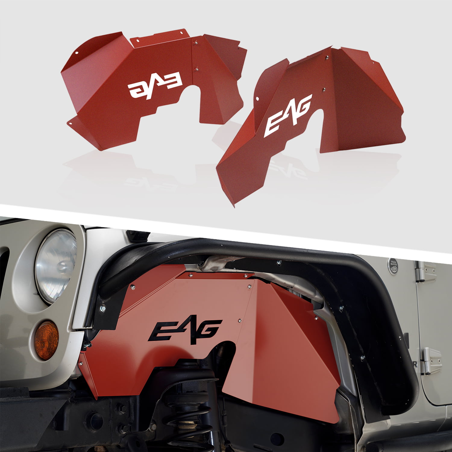 EAG Front Inner Fender Liners Kit Sheet Metal Red 4PCS with Logo Cut Fit  for 07-18 Wrangler JK 