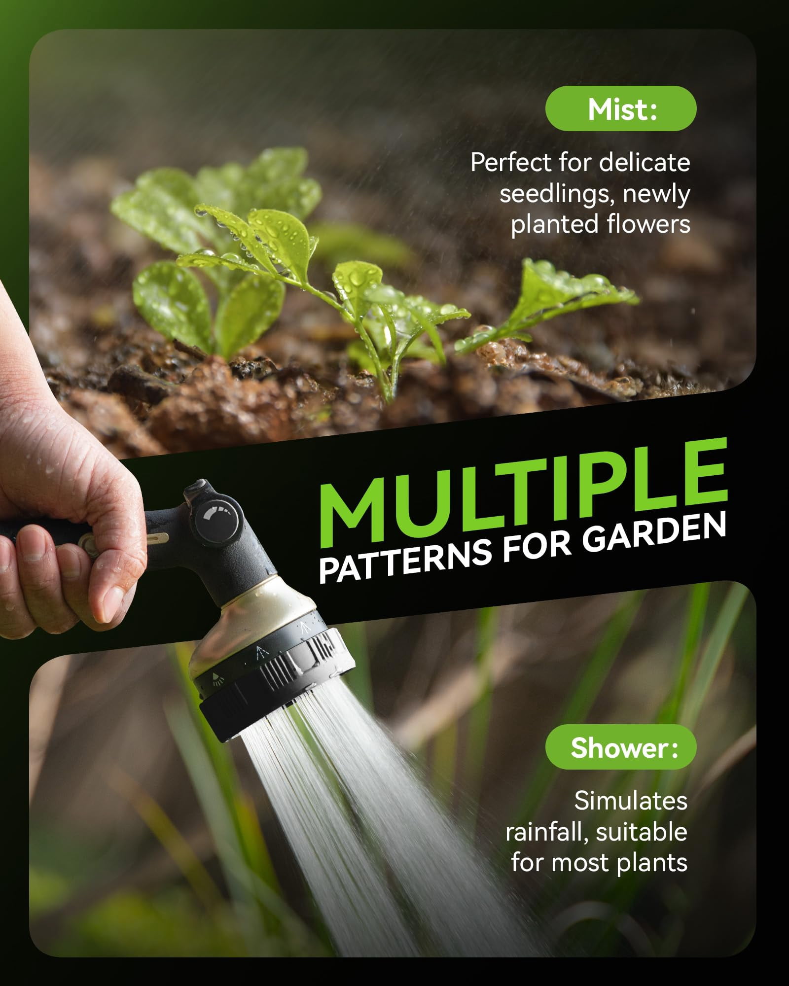Heavy Duty Garden Hose Nozzle ,8 Spray Patterns with Adjustable Flow Control, Thumb Trigger, for Watering Plants, Washing Cars & Pets