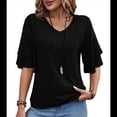 thumbnail image 2 of Camiseta de Corta con Volantes para Mujer, Cuello en V, Acampanada de Doble Capa Negro M, 2 of 8
