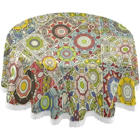 SKYSONIC Abstract Colorful Doodle Pattern in Mosaic Style Round Tablecloth 60In,Table Cover Water Resistant Spill Proof Large Table Cover for Indoor & Outdoor Family Gathering Dinner, Hotel, BBQ