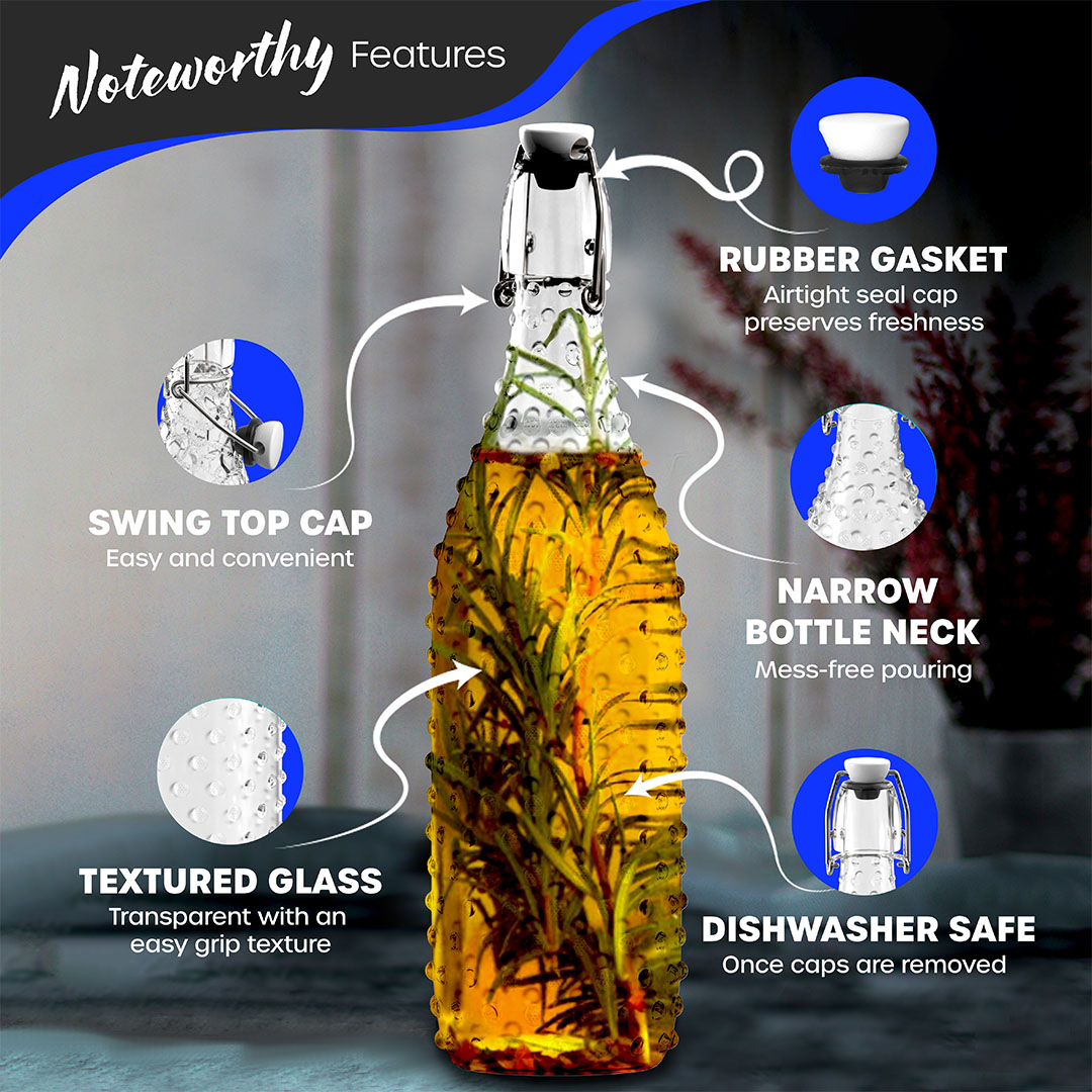 Nevlers 33 oz Dotted Swing Top Bottles (Pack of 6) | Includes Funnel, Brush, Marker, Tags and Shrink Wrap
