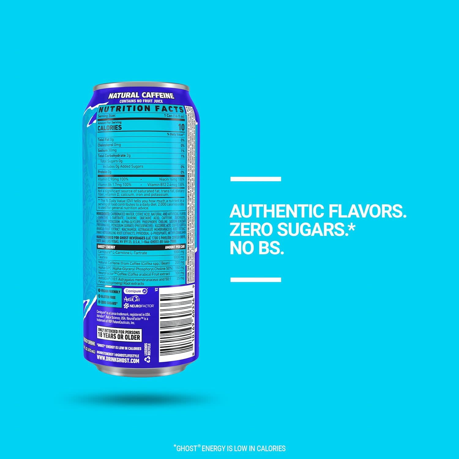 GHOST® ENERGY Zero Sugars Energy Drink, Blue Raspberry, 200mg Natural Caffeine, 16 fl oz Can