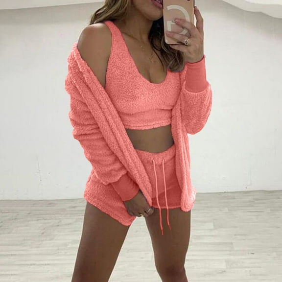 Workout Sets for Women Long Sleeve Fleece Lined Shirts,Crop Top and Shorts Warm Cozy Activewear