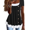thumbnail image 2 of 2 in 1 T Shirt Pleated Front Button Trim Loose Fitting Summer Casual Blouse for Women Black L, 2 of 5
