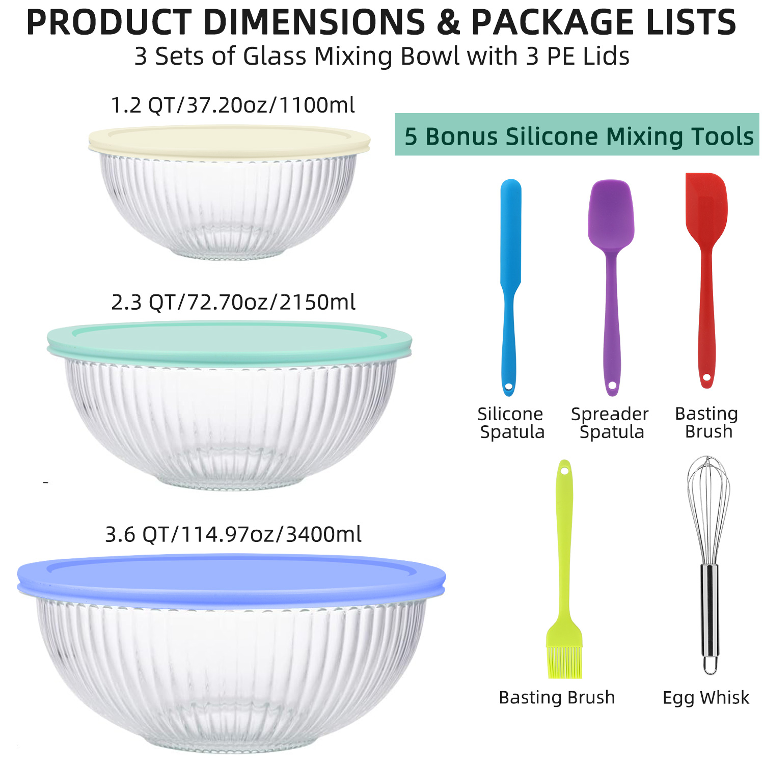 AOKIWO 11-Piece Glass Mixing Bowls with Lids and Baking Tools photo 7