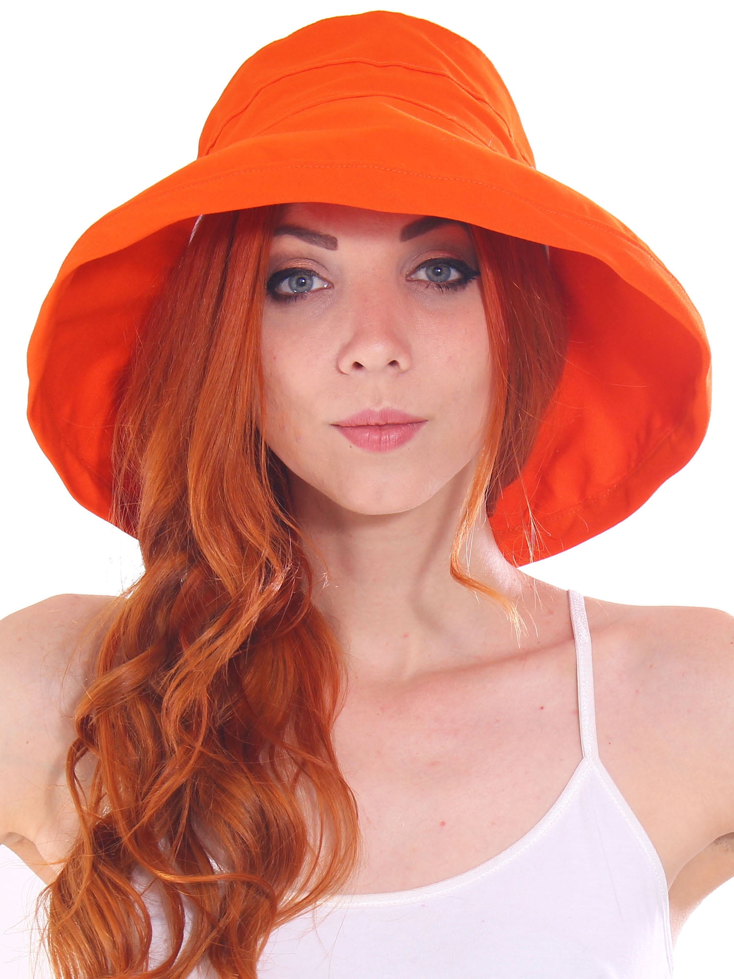 Womens Cotton Foldable Summer Sun Hat W Bow Orange