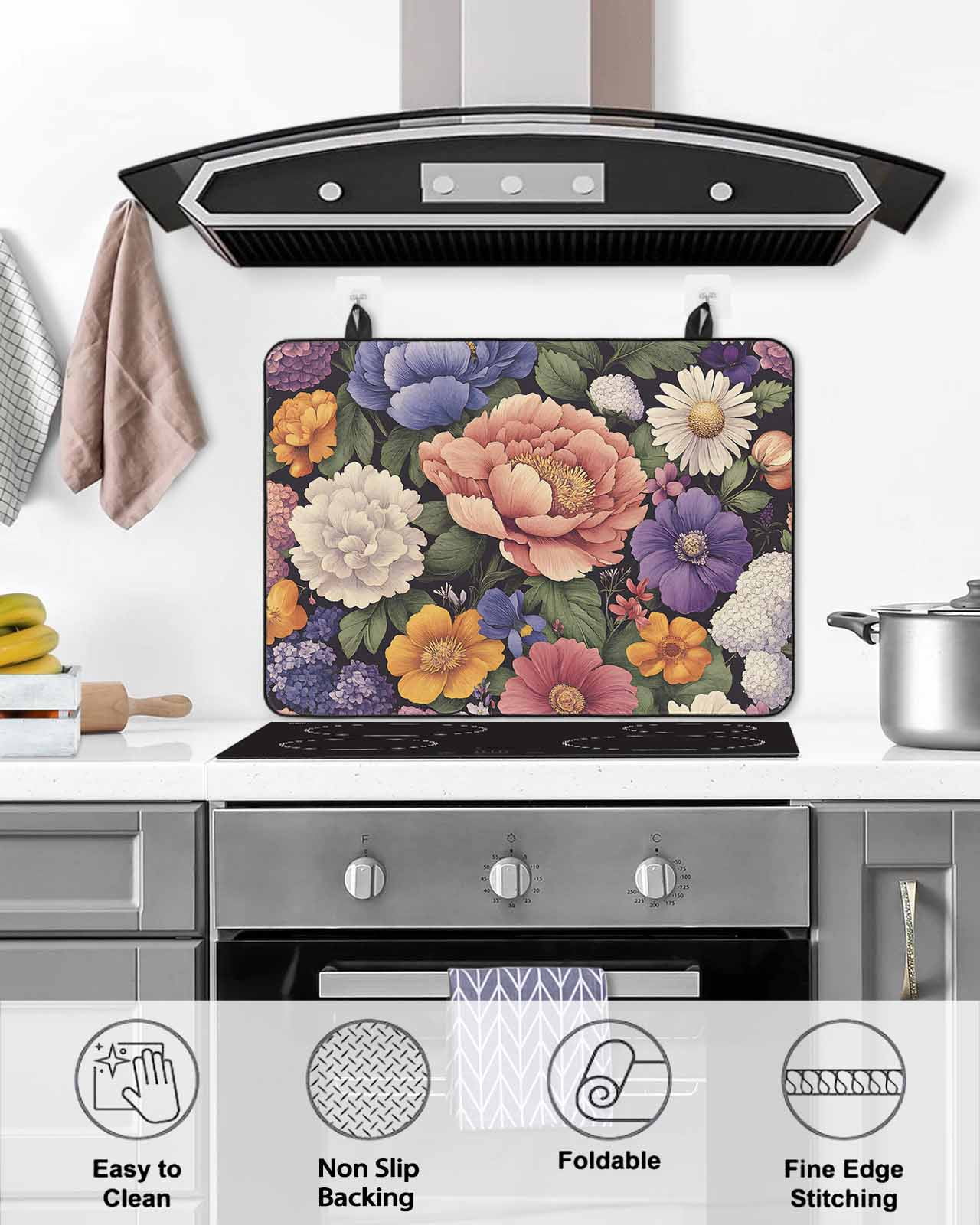 nqOlkjepod Large Induction Cooktop Protector Mat 36"x21", Colorful Spring Floral Stove Top Covers for Electric Stove, Botanical Summer Retro Decorative Stove Burner Cover Mats, Glass Top Stove Cover
