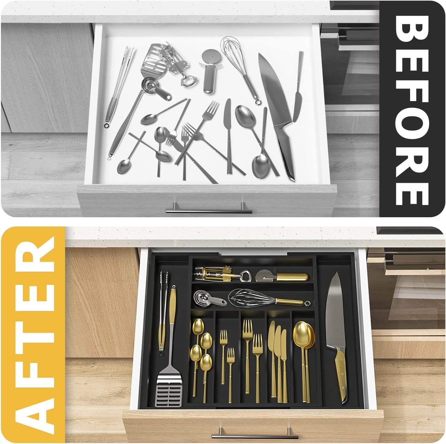 Utensil Organizer Silverware Drawer Organizer - Bamboo Expandable Cutlery Tray with Dividers for Utensil Holder Office Storage Makeup Desk Drawer Tool Organization