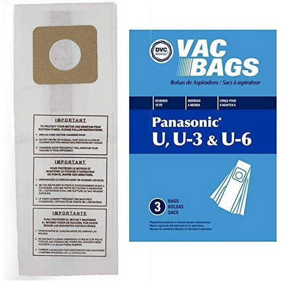 DVC Replacement Vacuum Bags for Panasonic Upright Vacuum Models, Bernina Evolution 6000 series uprights and Prestige EZT - Compare to Panasonic Style U, U-3, U-6 Bags | Includes 3 Bags