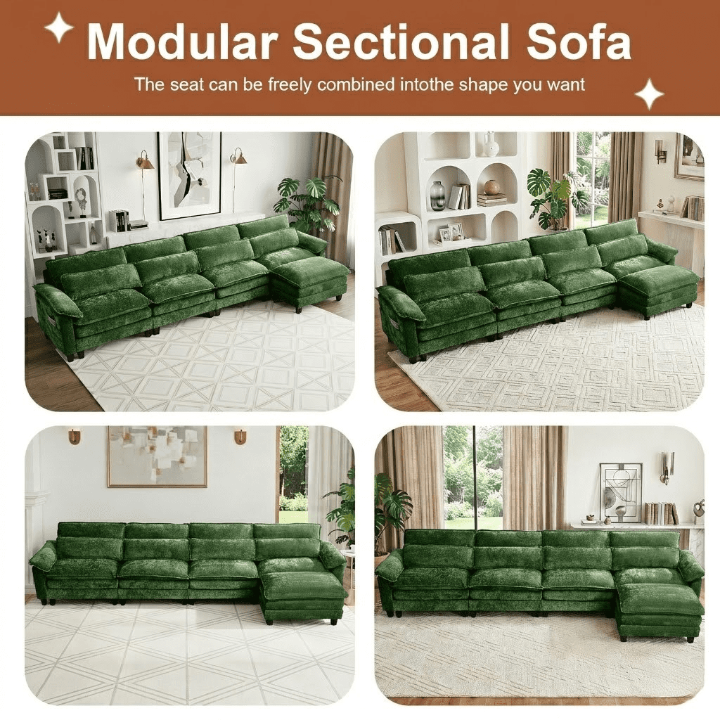 Howcool 148" Modular Sectional Sofa , 4 Seater L-Shaped Cloud Couch with Movable Ottoman, USB Charging Ports & Side Pockets, Sectional couchs for Living Room,Chenille Fabric,Green