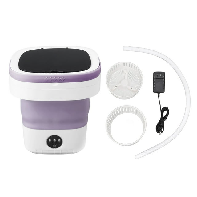 lavadora plegable mini cubo portátil de 7,5 l true excellence nikoumx plegable lila y blanco, vista frontal centrada con cubeta telescópica de TPE y PP, tapa y base rígidas, panel táctil frontal circular, incluye agitador y filtro tipo cesta desmontables, manguera de desagüe y adaptador enchufable 100-240 V; suele usarse para lavar ropa delicada y en viajes.